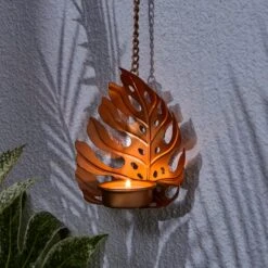 Set Of 4 Hanging Gold Leaf Outdoor LED Tealights -Dunelm 30864586 alt02